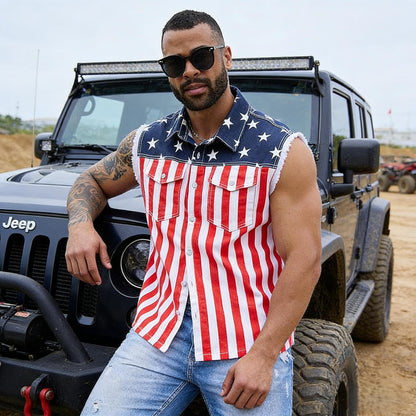 Yuanbang 4th of July Men’s and Women's American Flag Denim Vest - 4th of July Patriotic Casual Sleeveless Jacket