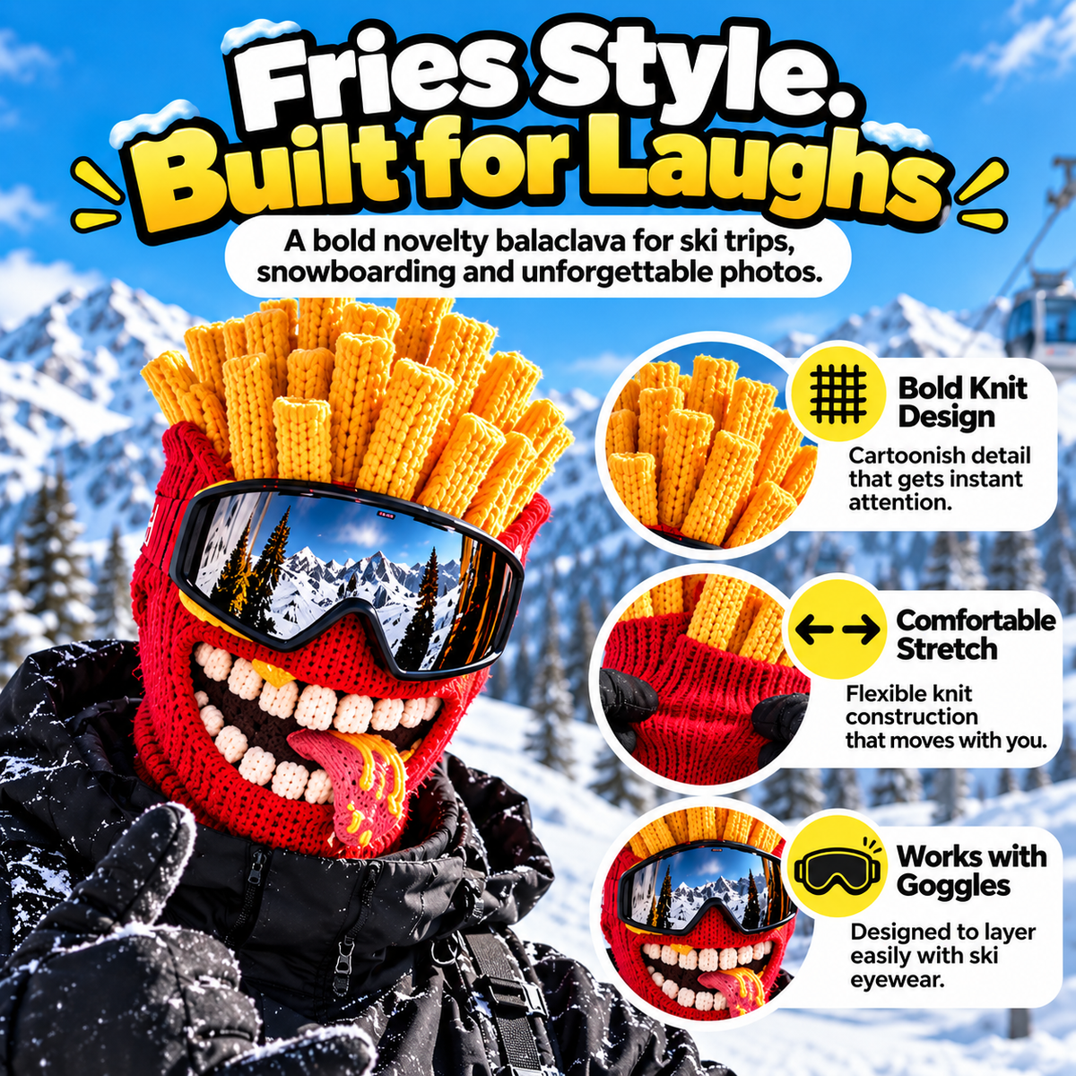 Fries style food ski mask with oversized knitted fries