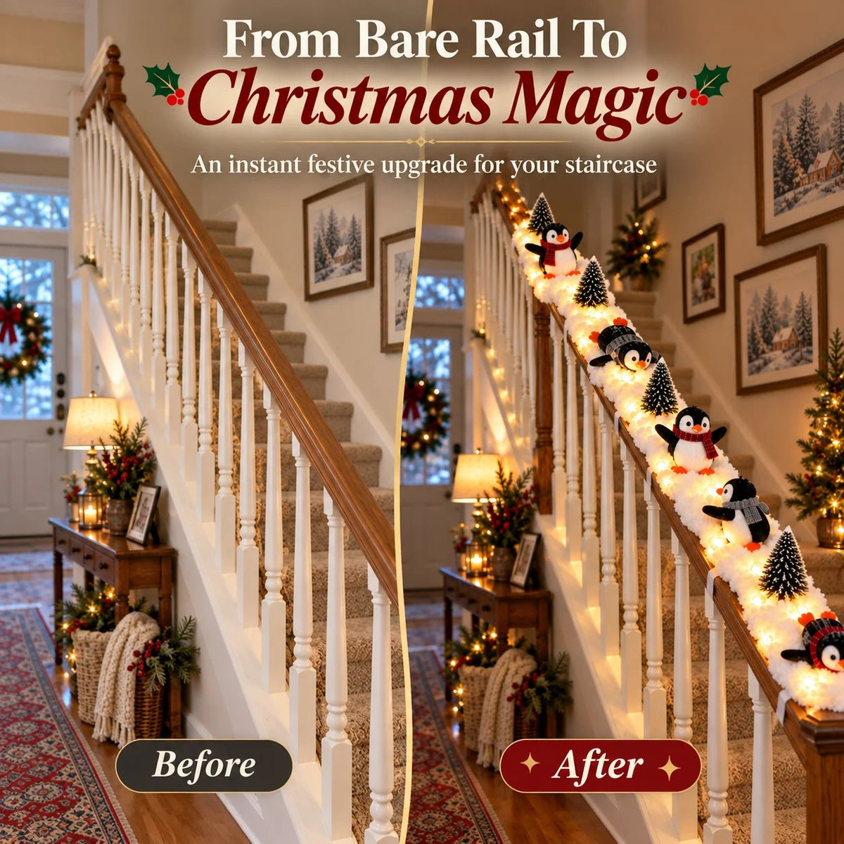 Before and after staircase decorated with lighted penguin Christmas snow decor