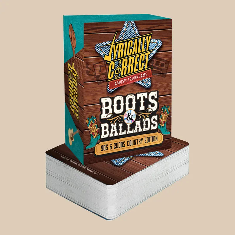 Boots and Ballads country music trivia game wooden box with turquoise accents and stacked playing cards