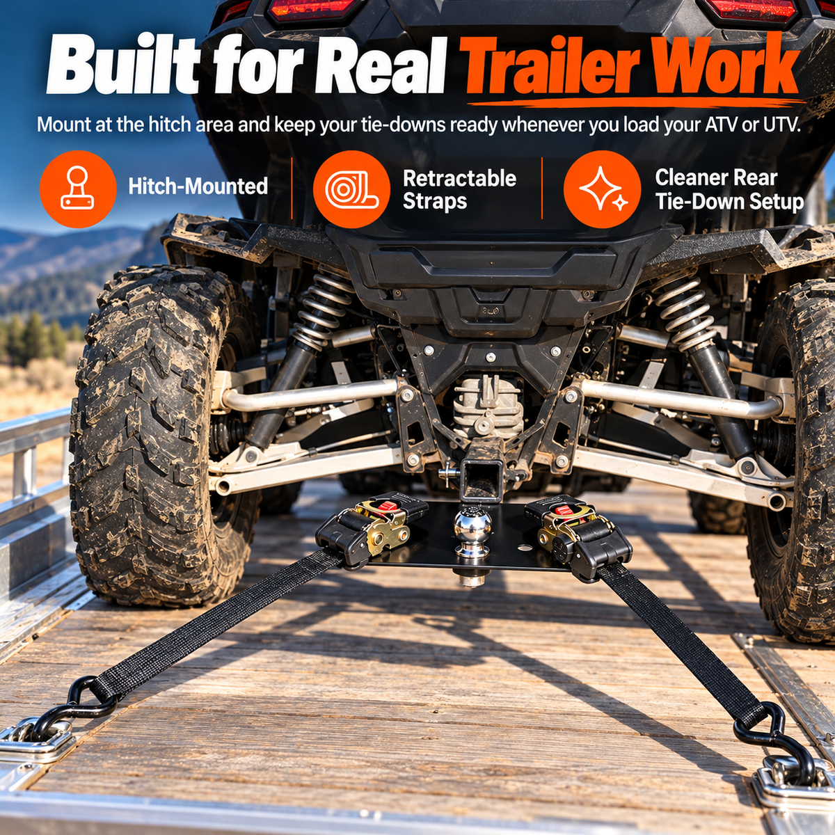 UTV on trailer secured with hitch mounted retractable ratchet straps