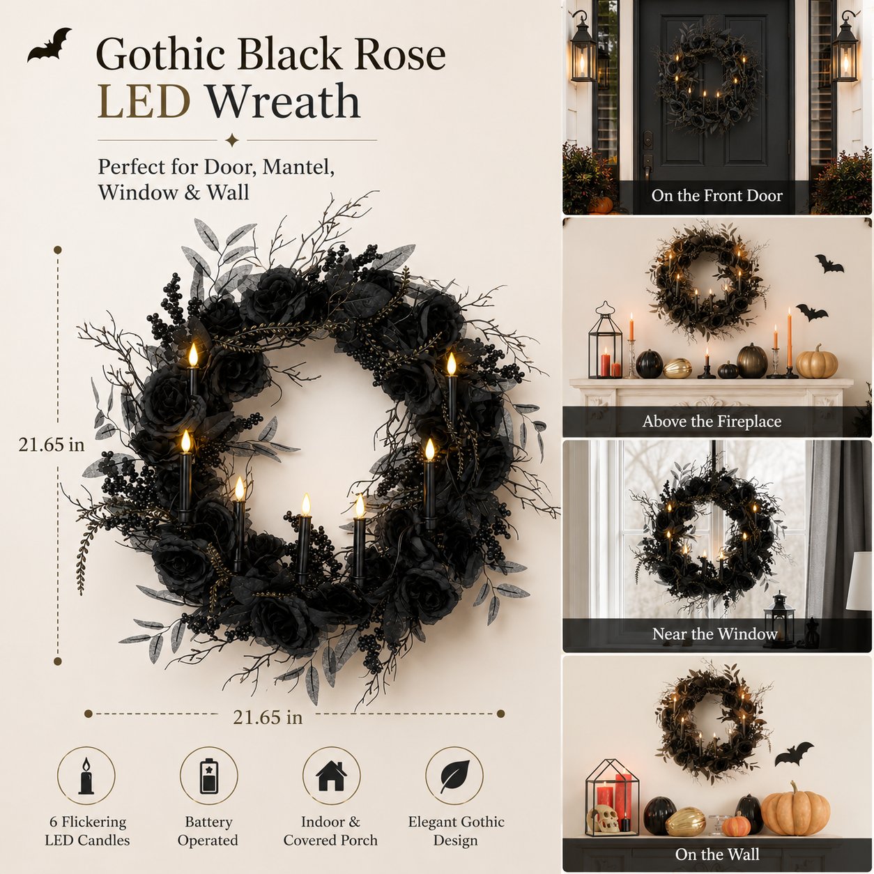 🎁Elevate your Halloween vibe 🖤Black Rose Candle Wreath