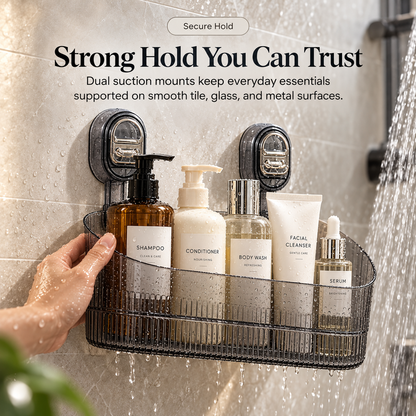 🚿✨ No-Drill Suction Cup Organizer Basket 🧴💧 Wall-Mounted Bathroom & Kitchen Storage Rack 🏡🫧 Space-Saving Shower Shelf for Everyday Essentials 🌟