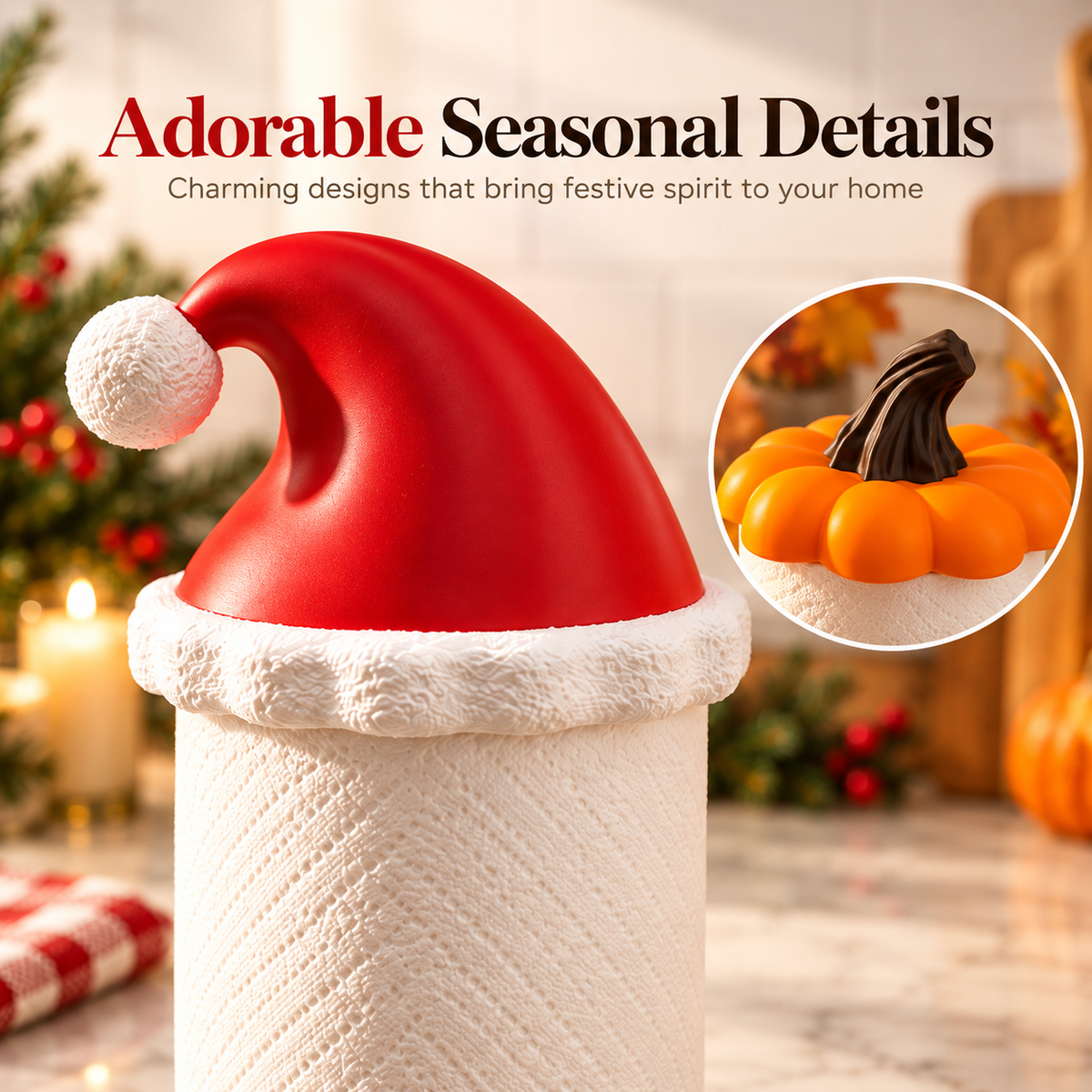 🎅🎃 Festive Holiday Paper Towel Holder 🎄✨ Cute Santa Hat & Pumpkin Design 🏡🍂 Kitchen Countertop Decor 🎁 Perfect Holiday Gift