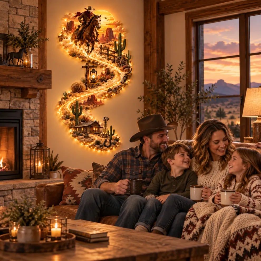 Family relaxing beside glowing Western Cowboy wall decor in a rustic living room