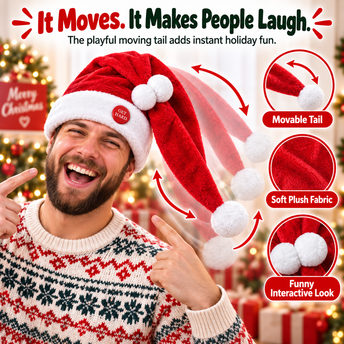 🎅 Moving Santa Hat – Funny Animated Christmas Party Hat with Swinging Tail