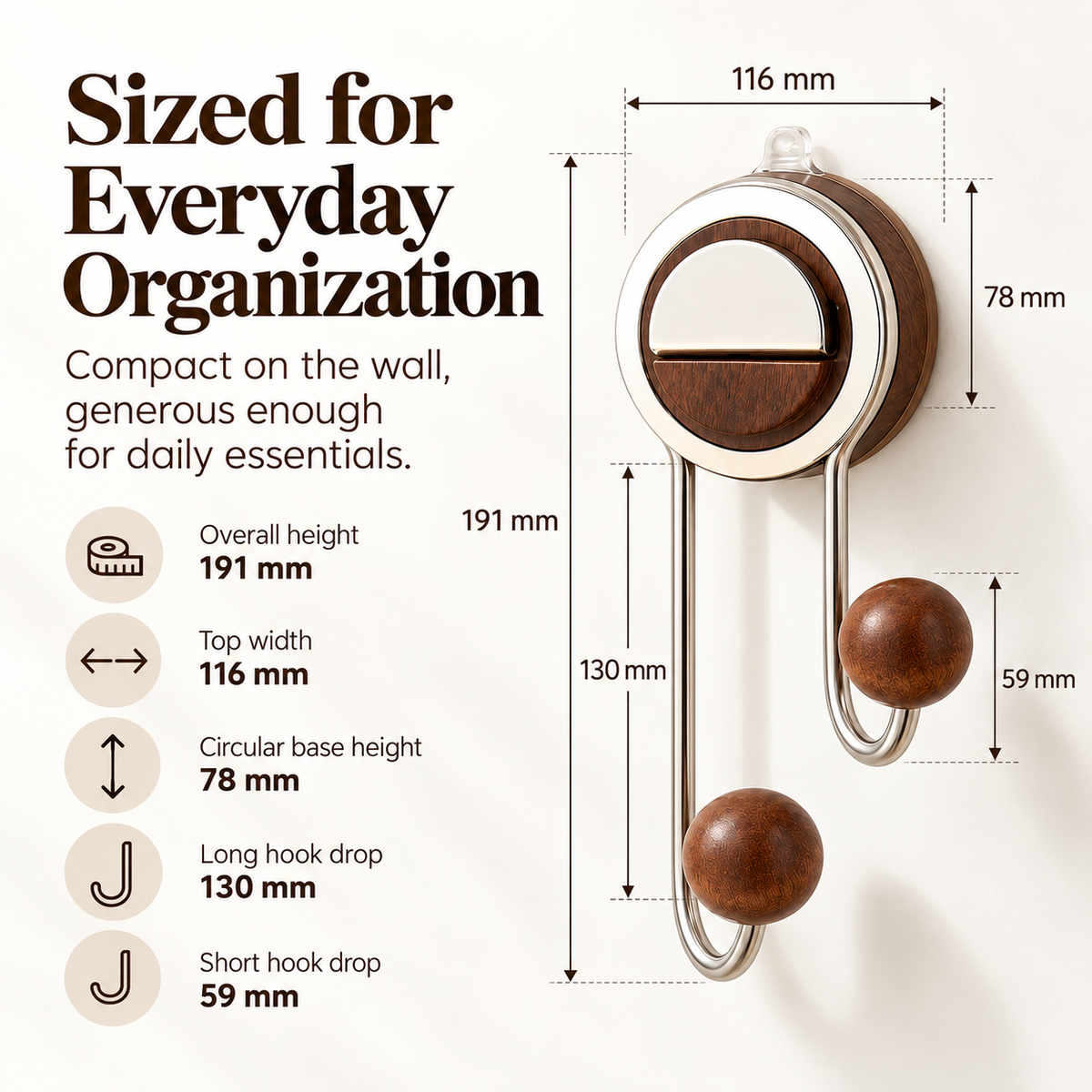✨ Drill-Free Foldable Double Hook – Suction Wall Organizer with Walnut-Look Accents