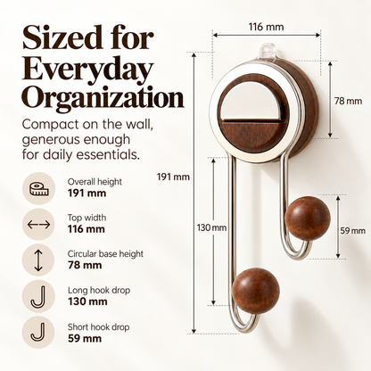 ✨ Drill-Free Foldable Double Hook – Suction Wall Organizer with Walnut-Look Accents