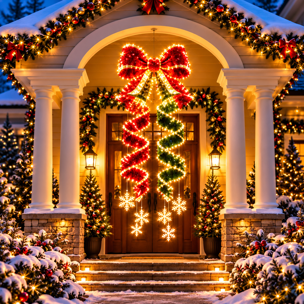 Giant illuminated red and gold Christmas bow with red green spiral ribbons and glowing snowflakes hanging in a festive front doorway