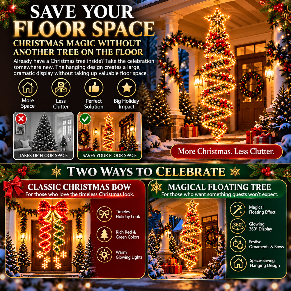 Christmas porch decorated with hanging floating illuminated tree showing festive impact without placing another Christmas tree on the floor