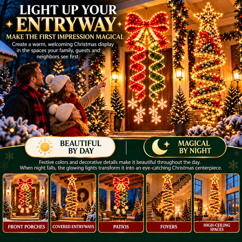 Holiday porch lighting comparison showing hanging Christmas bow and floating Christmas tree during festive evening display