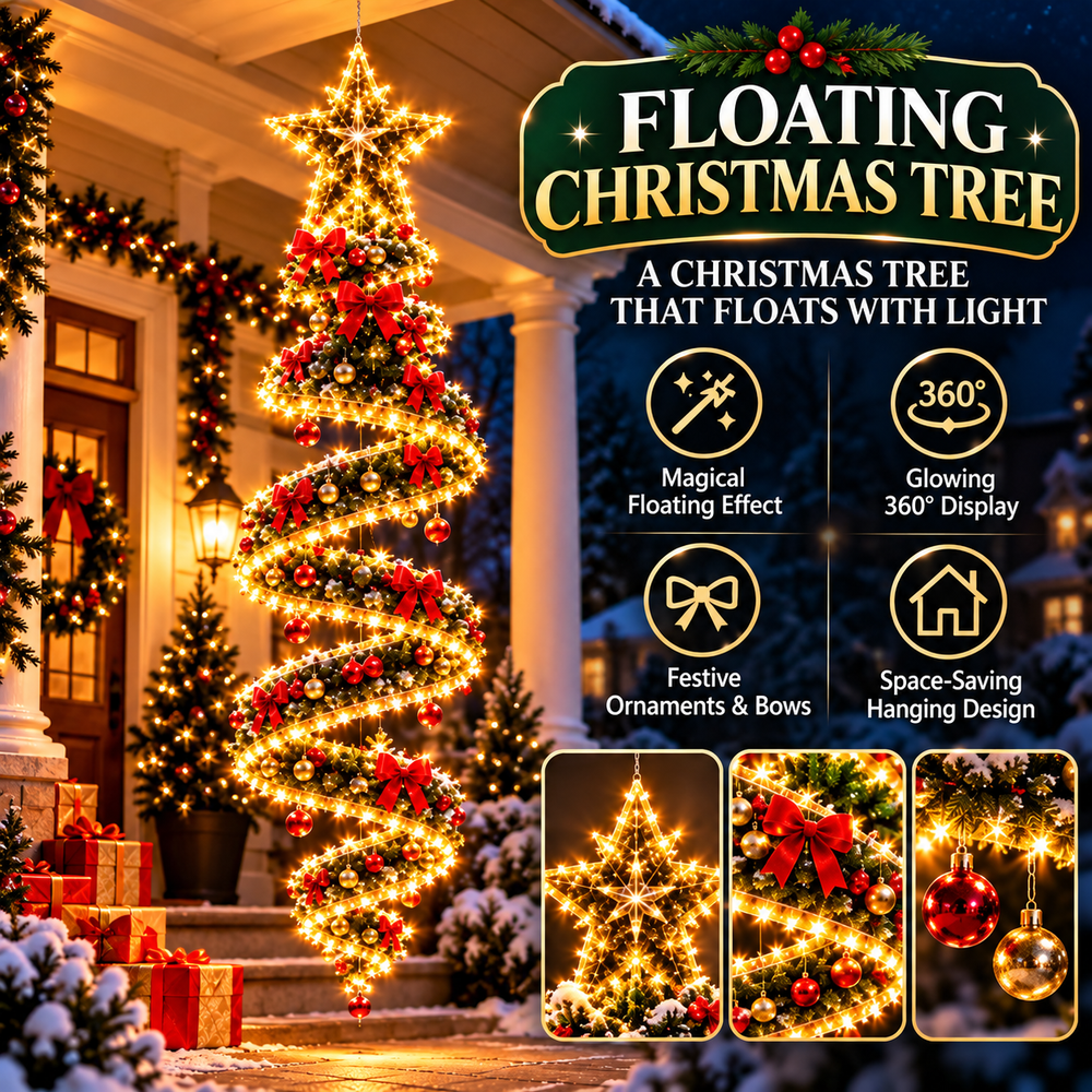 Hanging floating spiral Christmas tree with brilliant star topper warm lights red bows and festive ornaments
