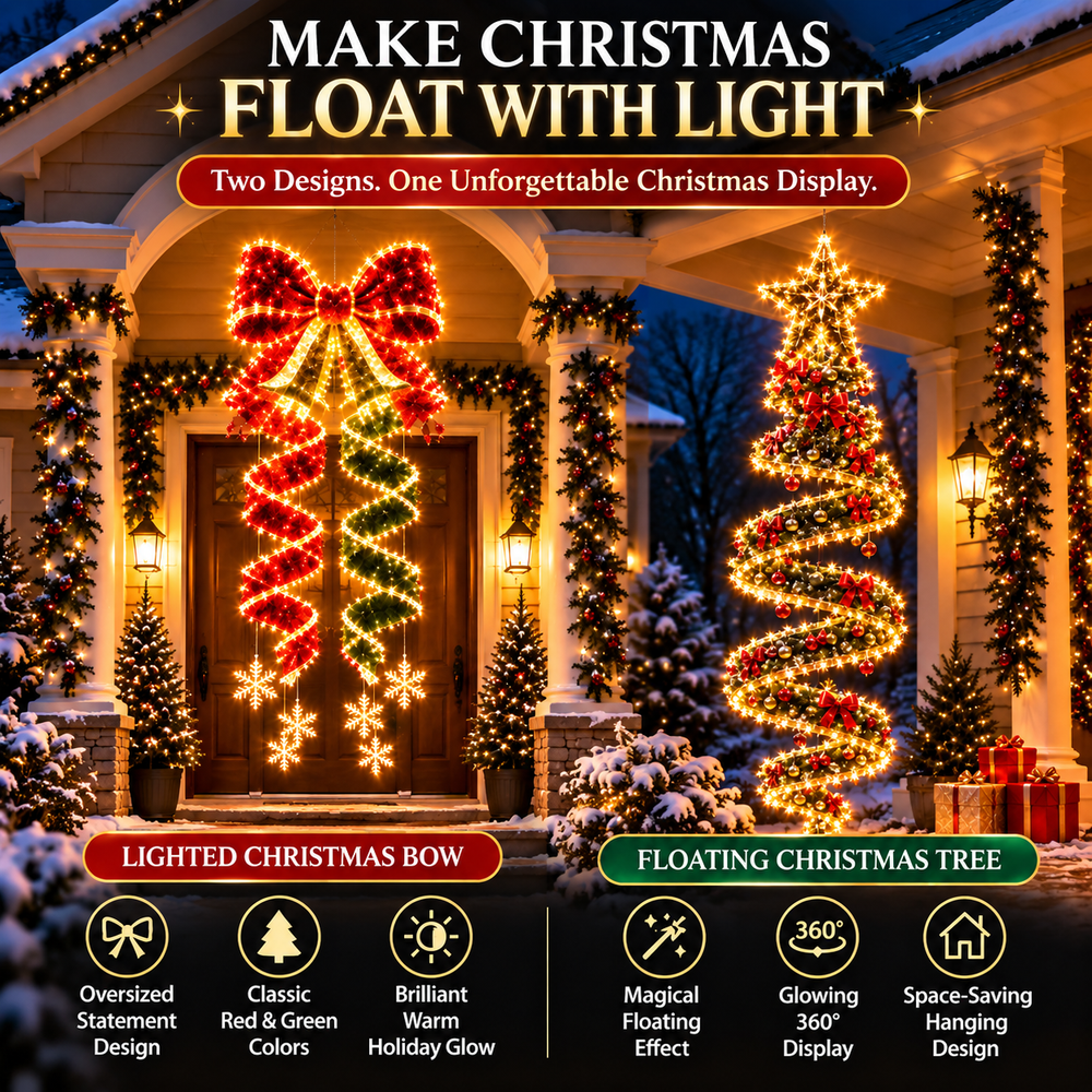 Side-by-side comparison of giant lighted Christmas bow and hanging spiral Christmas tree designs