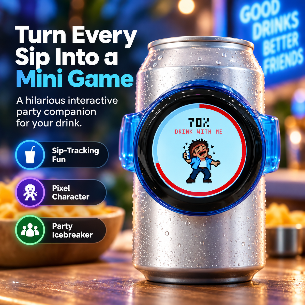 Pixel Party Can Companion shown as an interactive mini game gadget