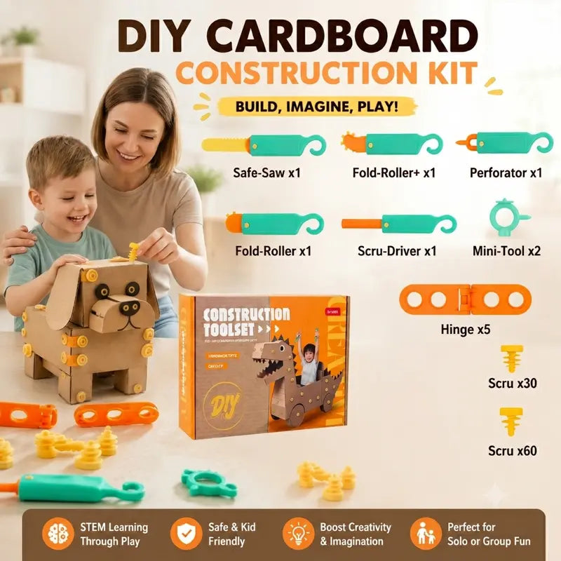 Complete cardboard DIY construction tool kit pictured with colorful hand tools connector screws hinges and instruction guide