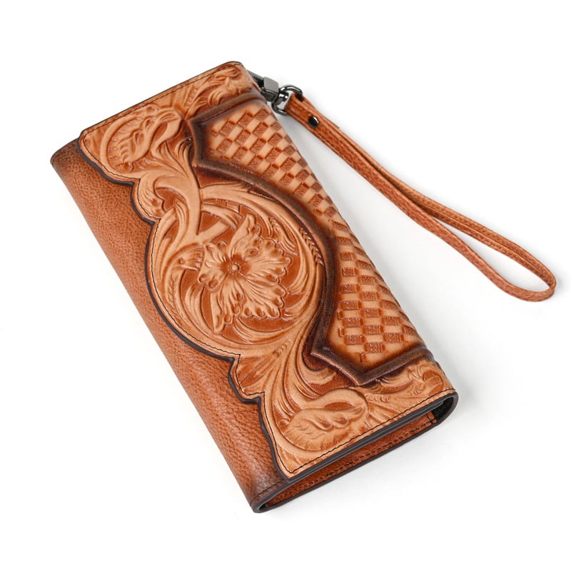 Genuine Leather Hand-Tooled Vintage Floral Wallet – Western Style Clutch & Wristlet