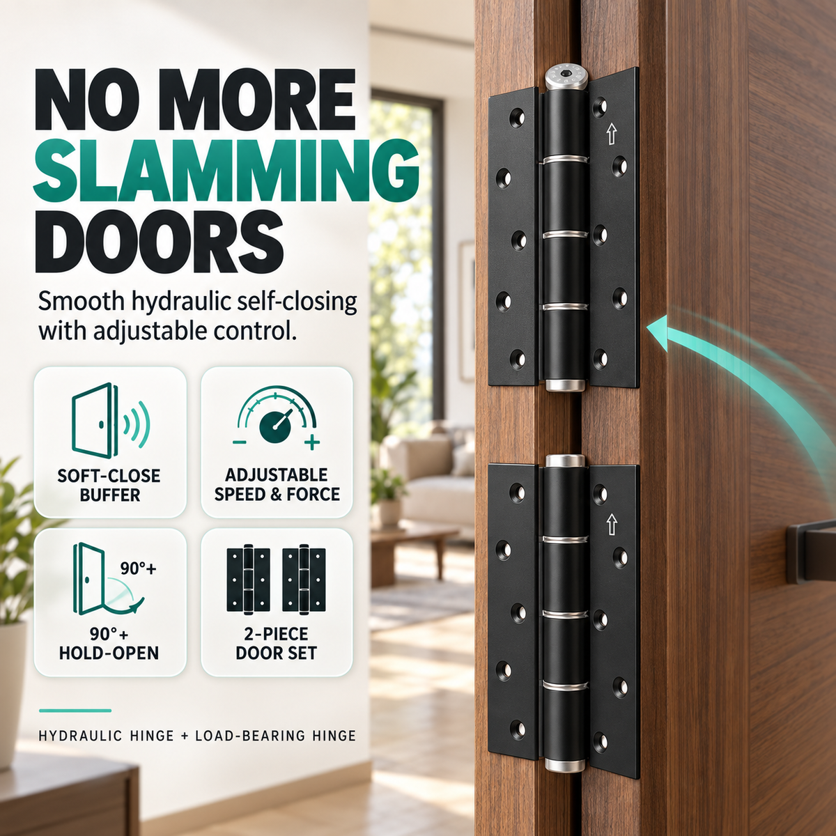🚪2-Piece Hydraulic Self-Closing Door Hinge Set – Adjustable Soft Close & 90° Hold-Open