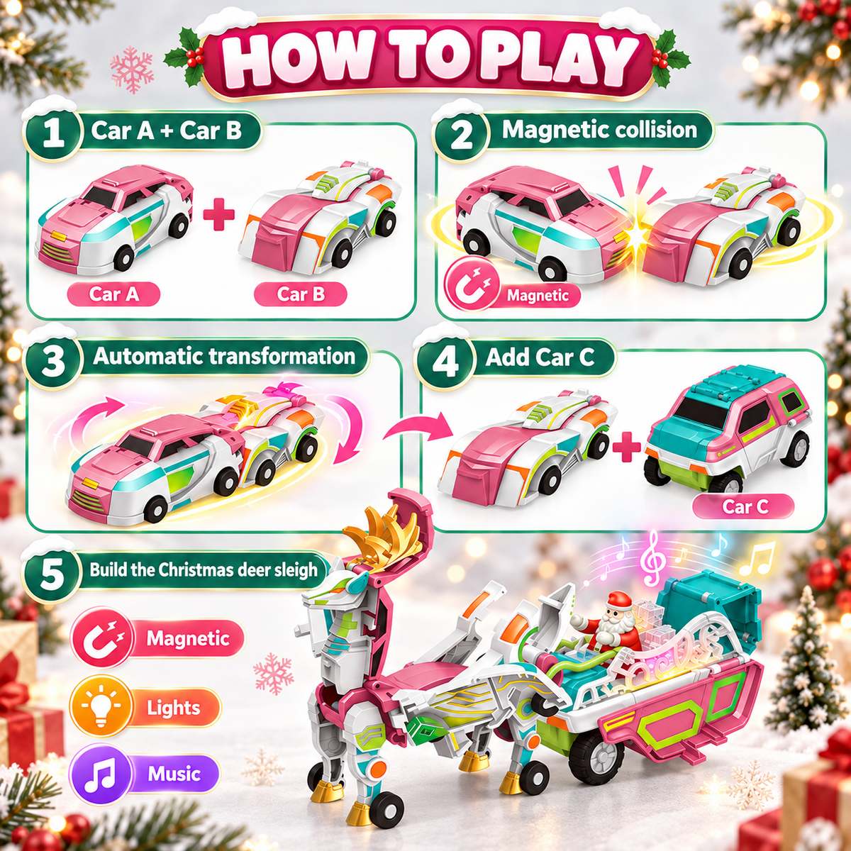 Five-step demonstration of two magnetic toy cars colliding, transforming and combining with a third car to form Santa