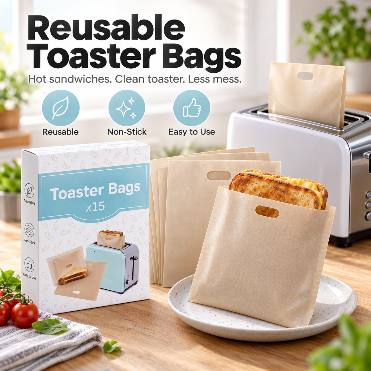 🥪15-Pack Reusable Non-Stick Toaster Bags – Mess-Free Grilled Sandwiches