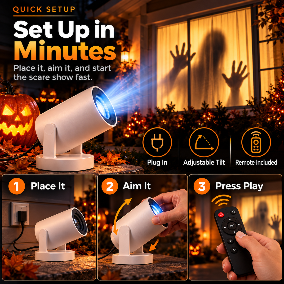 😨Halloween Haunted House Projection Lamp with Remote – Animated Window, Wall & Garage Scare Projector