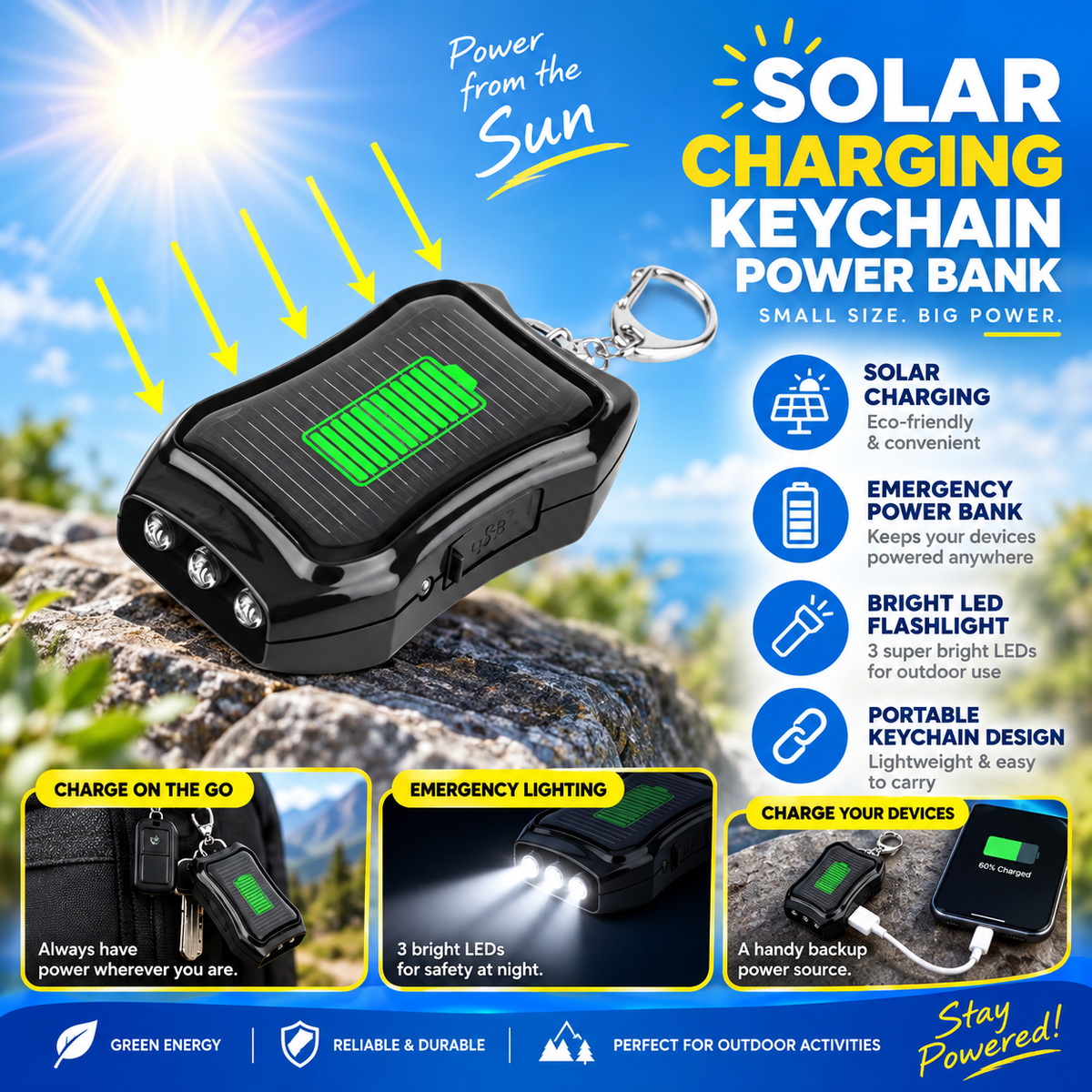 Mini solar keychain backup power bank with solar panel and built-in lights