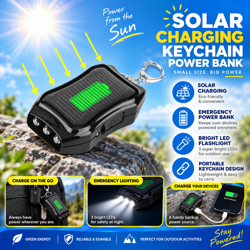 ☀️50% OFF NOW! 1200mAh Solar Power Bank Keychain, Portable Mini Solar Charger Key Ring Emergency Power Supply for Outdoor Camping Hiking