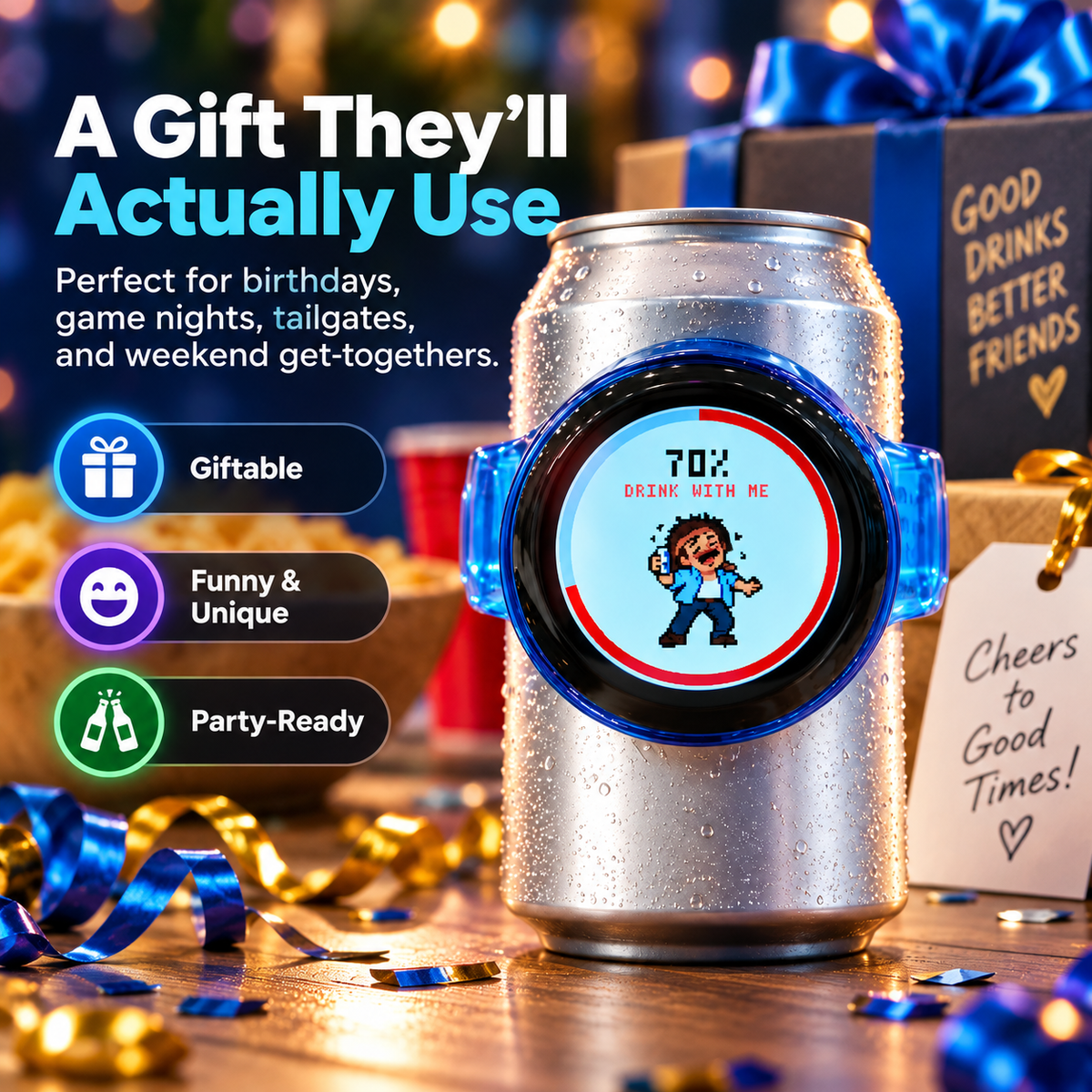 Interactive Pixel Party Can Companion presented as a novelty party gift