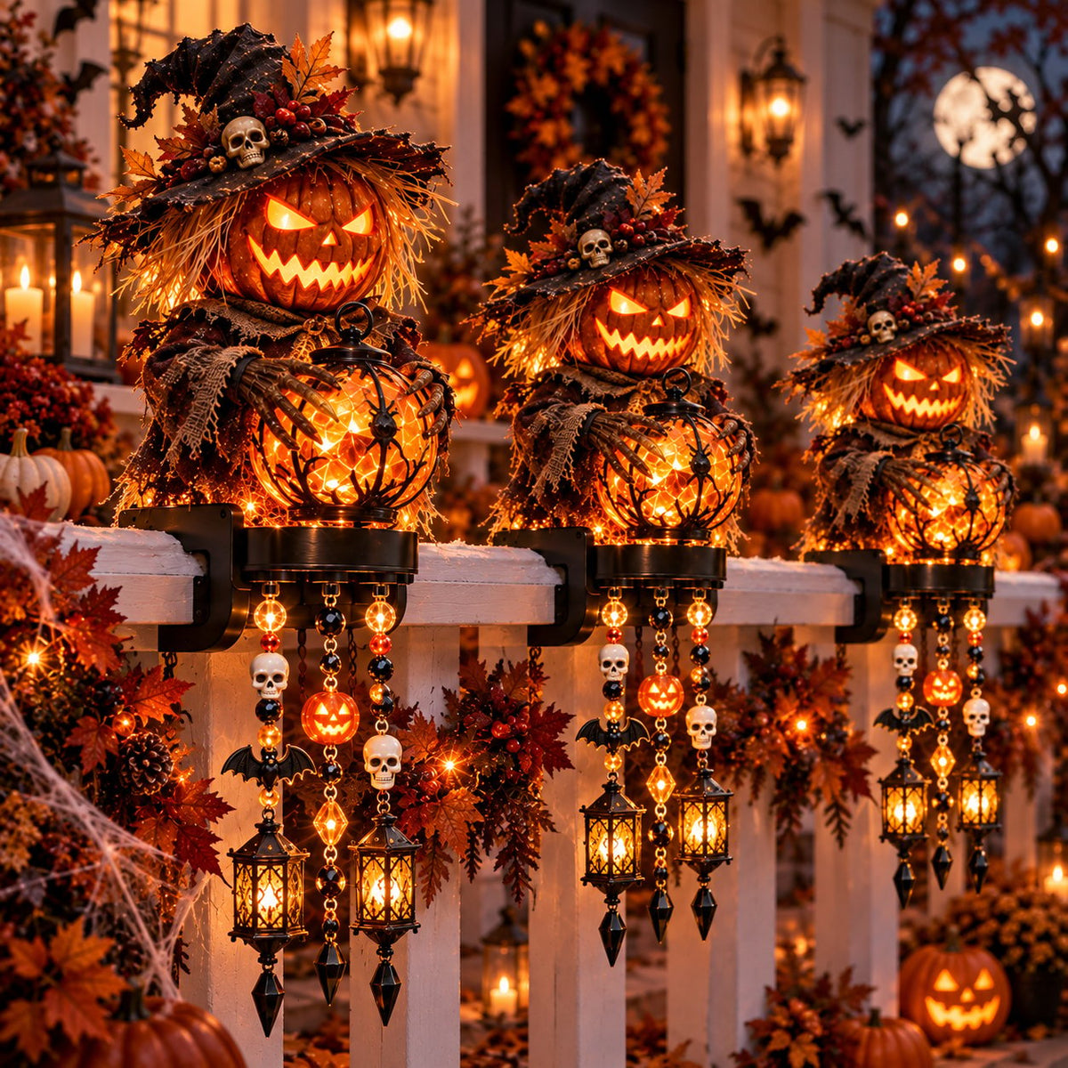 Multiple Halloween pumpkin scarecrow railing lights