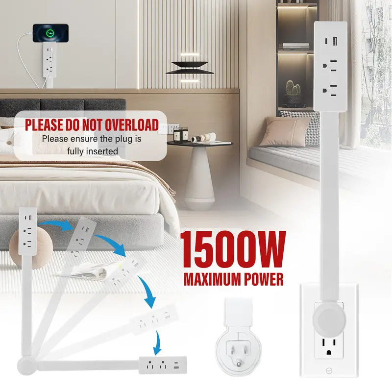 Rotating wall outlet extender illustrated at multiple angles with wall plug fully inserted and 1500W maximum power warning