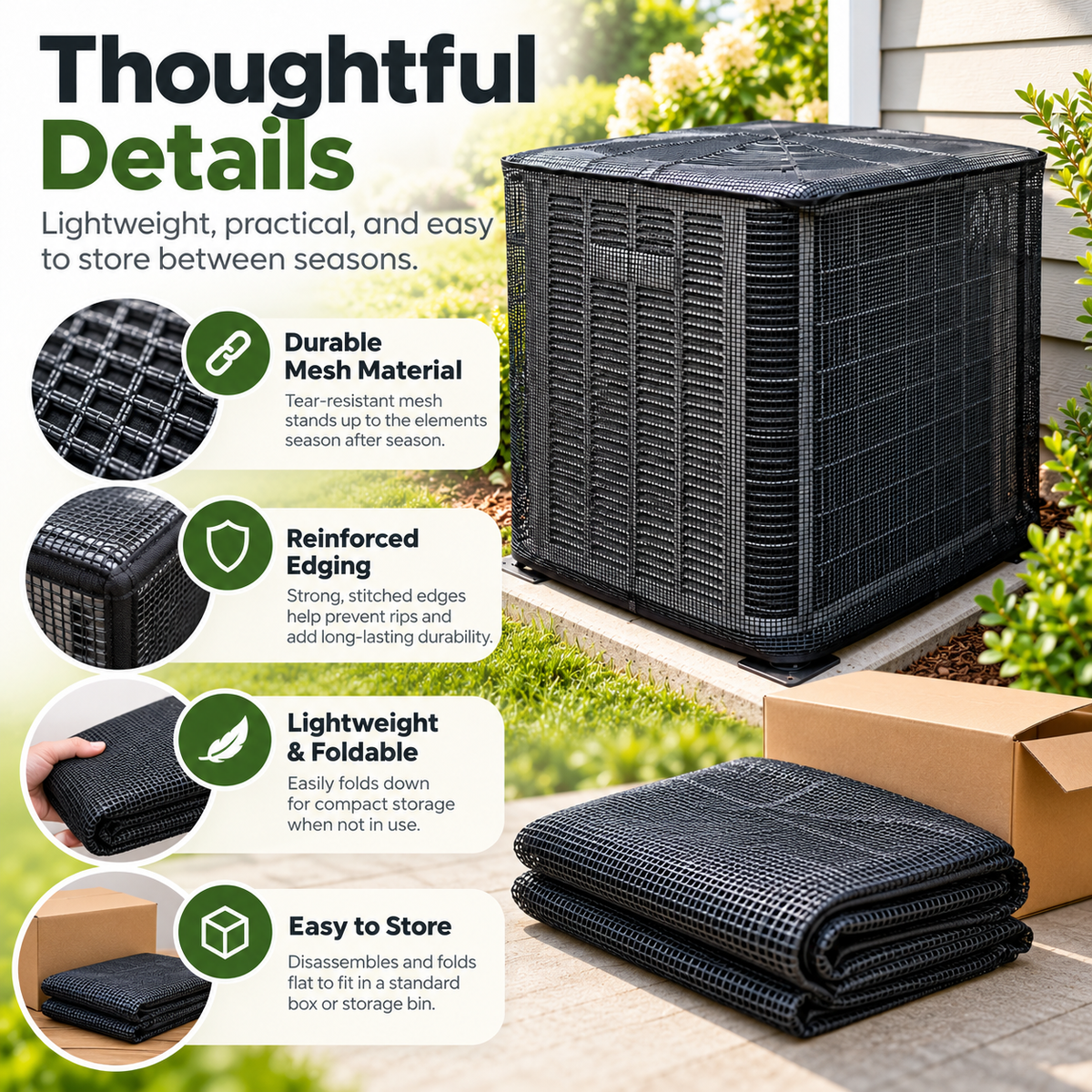 Folded breathable mesh AC cover ready for storage
