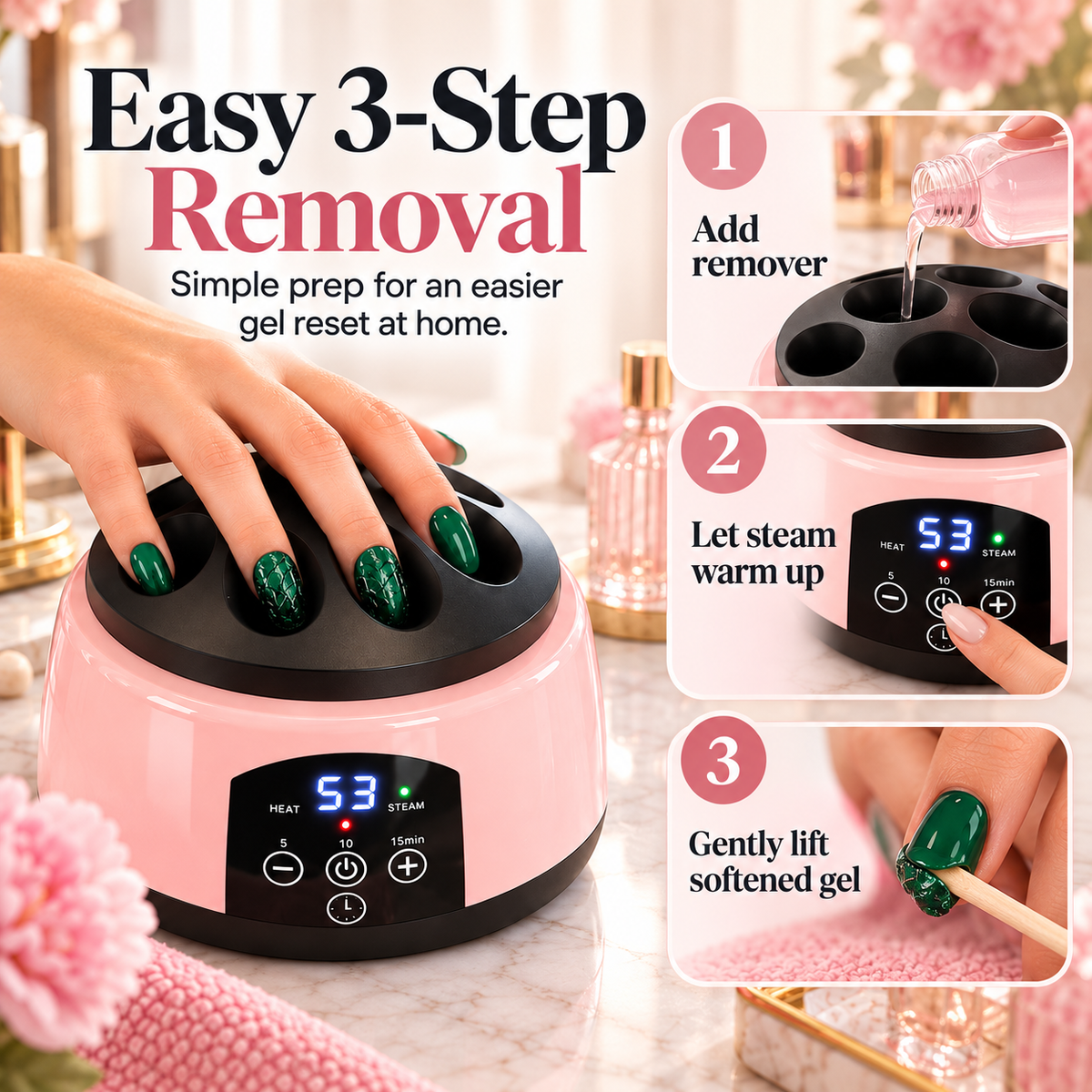 Three-stage illustration showing remover preparation, digital steam control and gentle lifting of softened gel polish