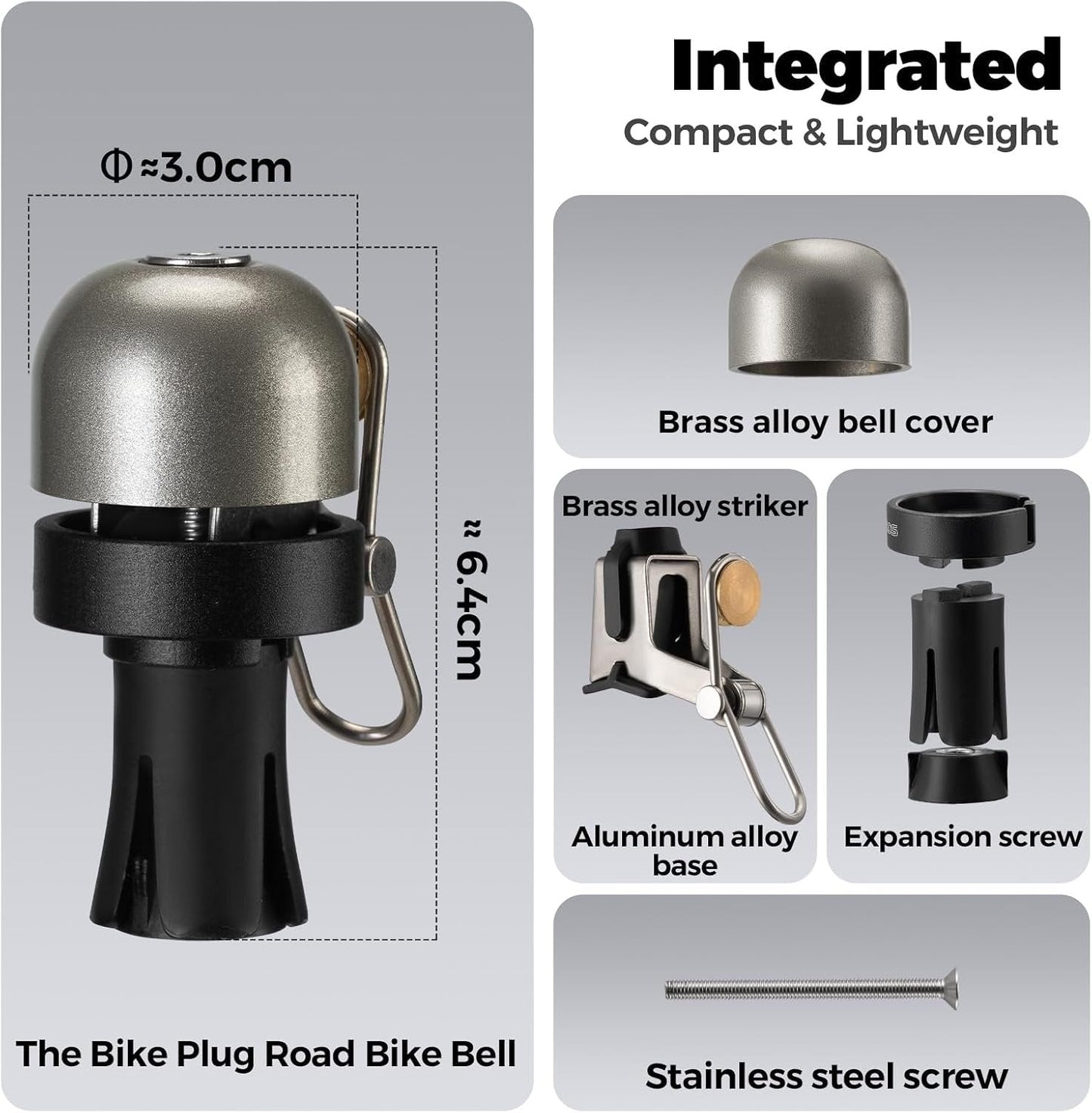Bike Bell Bar End Bell 100dB Copper for 0.87inch Left/Right | Loud Ring, Rustproof Copper Alloy, PP Plug + Hex Key