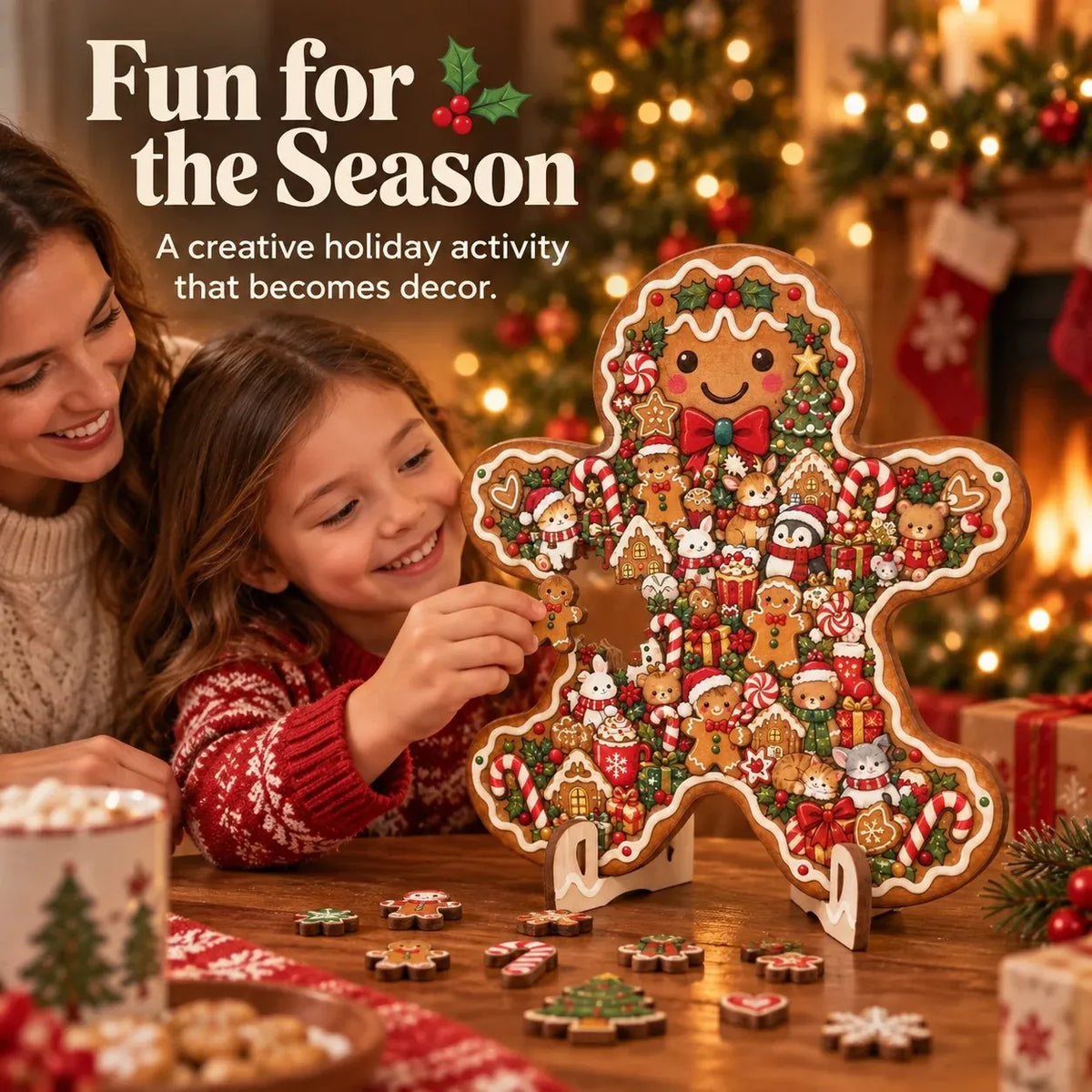 Family enjoying gingerbread man wooden Christmas puzzle