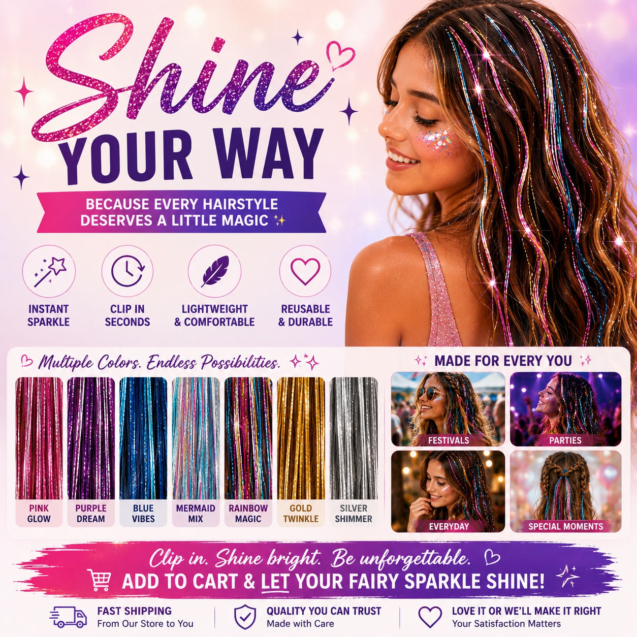 ✨Clip-In Hair Tinsel Extensions – Sparkling Fairy Hair Clips
