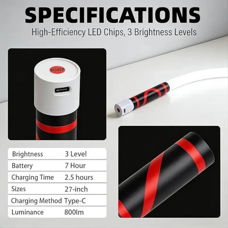 Flexible LED work light specifications showing USB-C charging and brightness levels