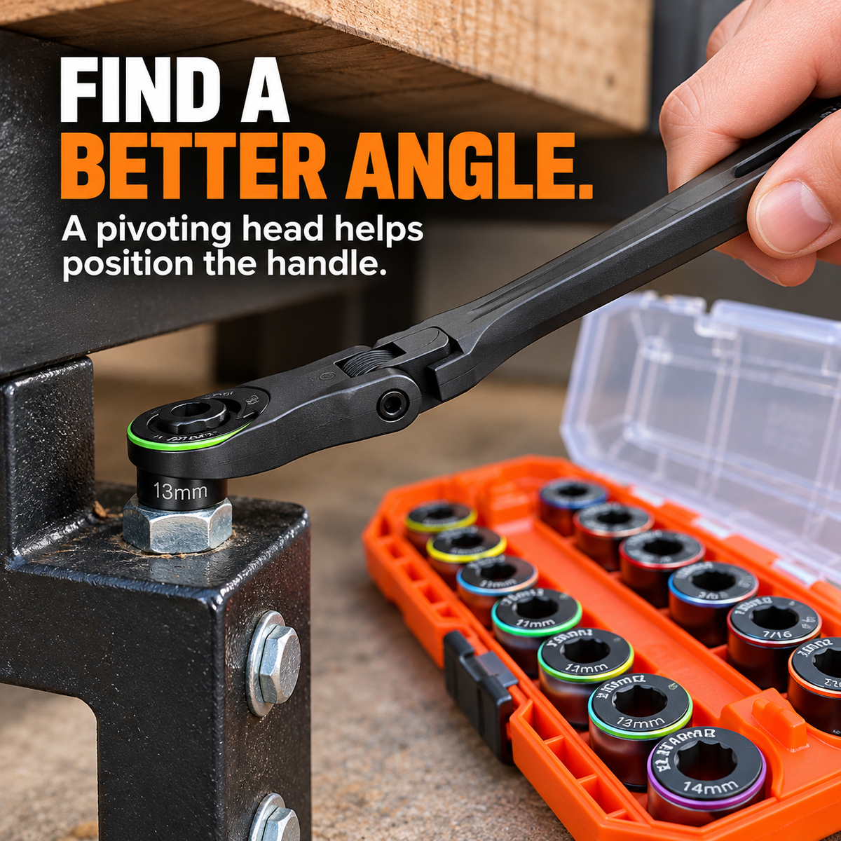 Pivoting pass-through ratchet head positioned at an angle on a fastener attached to a metal support bracket