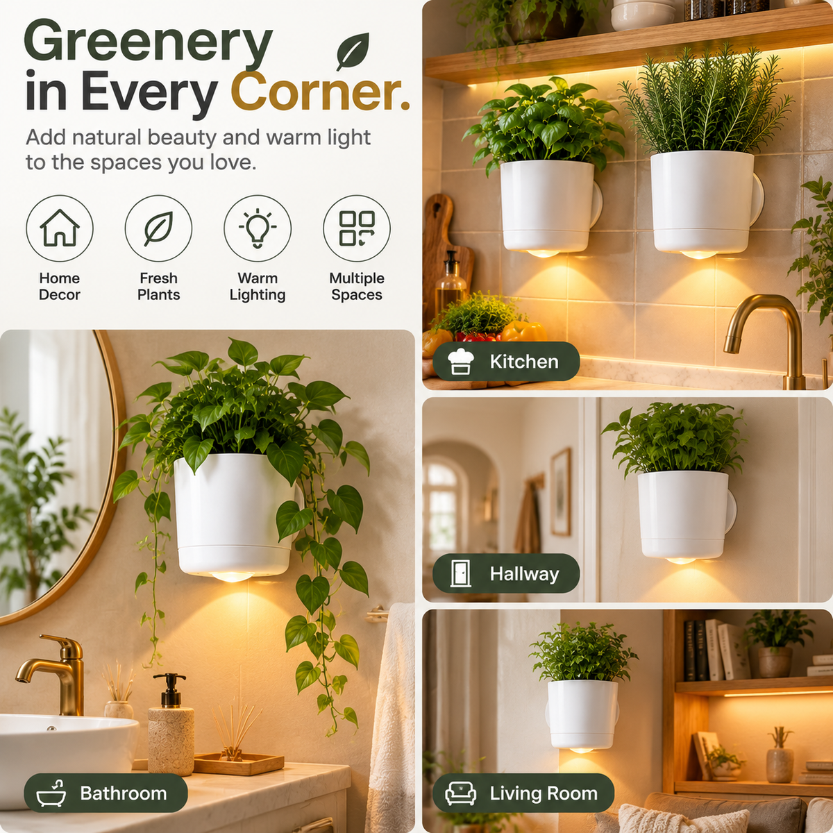 Wall-mounted planter product detail with warm LED lighting