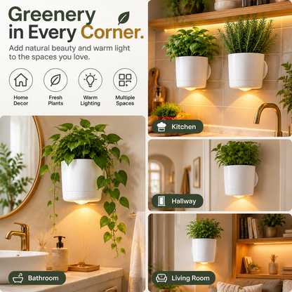 Wall-mounted planter product detail with warm LED lighting