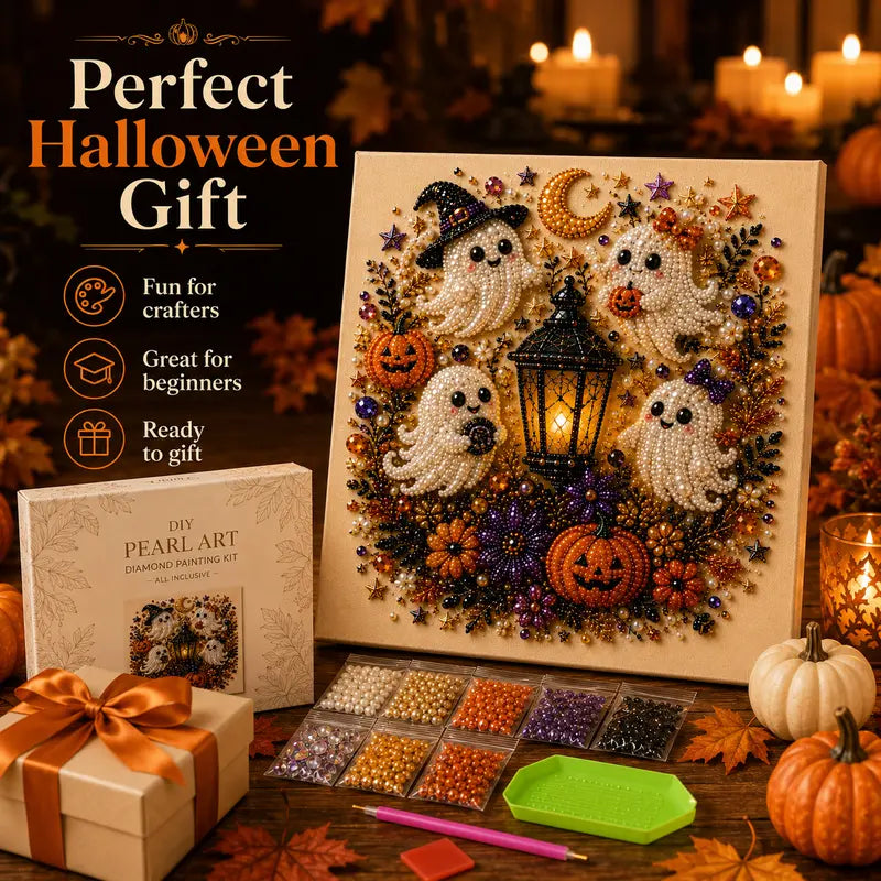 Spooky Cute Ghost Pearl Diamond Painting Kit – 8" x 8" Halloween DIY Wall Art & Craft Gift