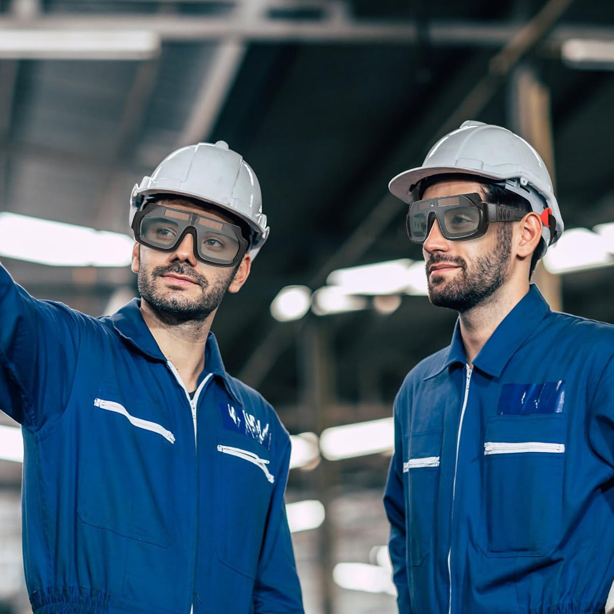 Workers wearing compact protective welding glasses