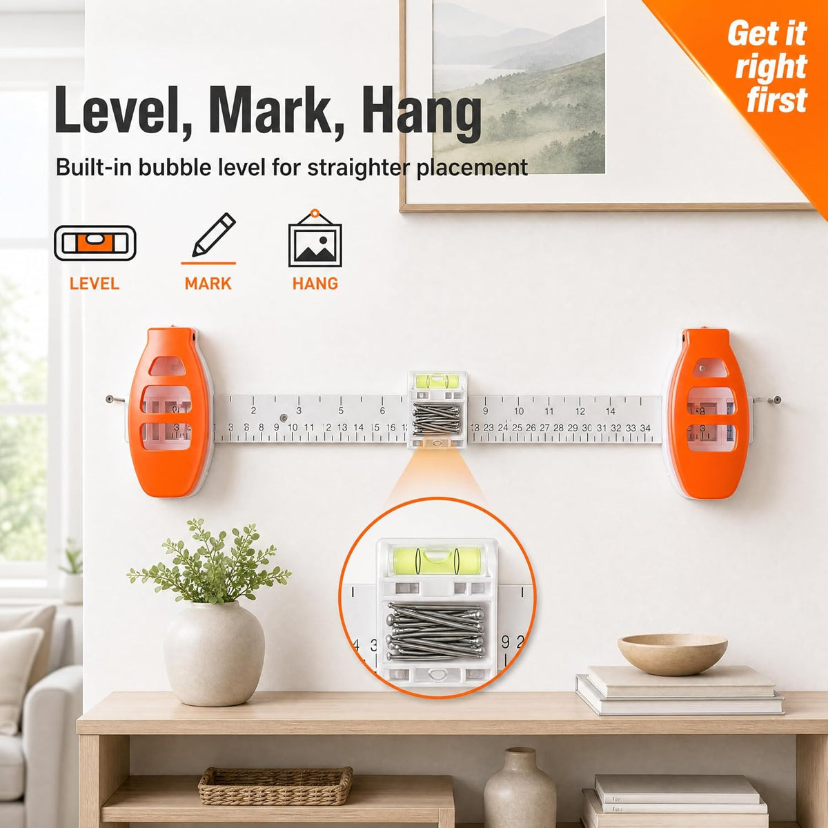 Hang Hero-3-in-1 Picture Hanging Tool, Magnetic Nail Hanger with Level Ruler