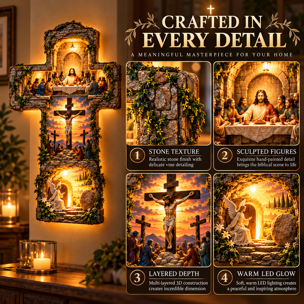 Sculpted details stone-inspired textures and greenery on the LED cross