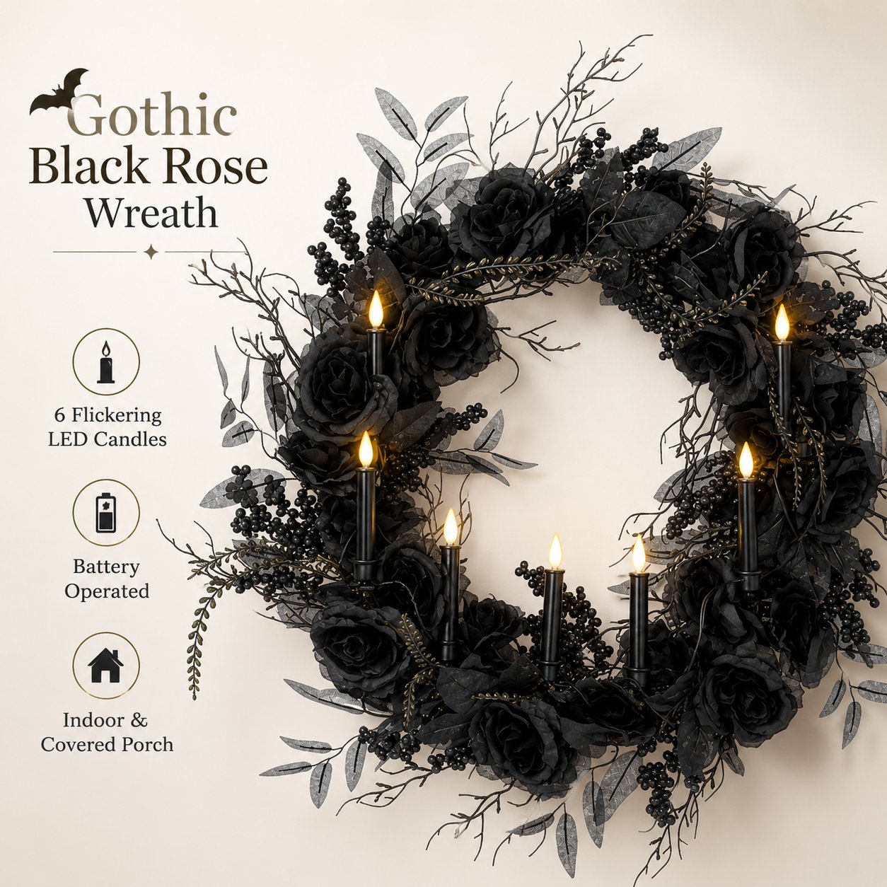 🎁Elevate your Halloween vibe 🖤Black Rose Candle Wreath