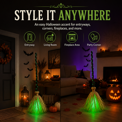 🧹 Light-Up Witch Broom Halloween Decoration – Spooky Green LED Décor