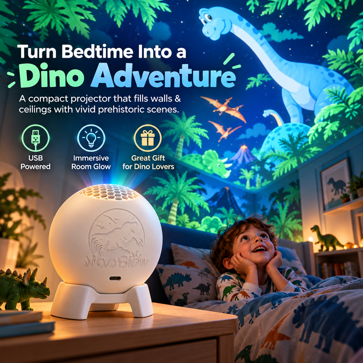 Dinosaur themed projector lighting a child's bedroom with a colorful prehistoric scene