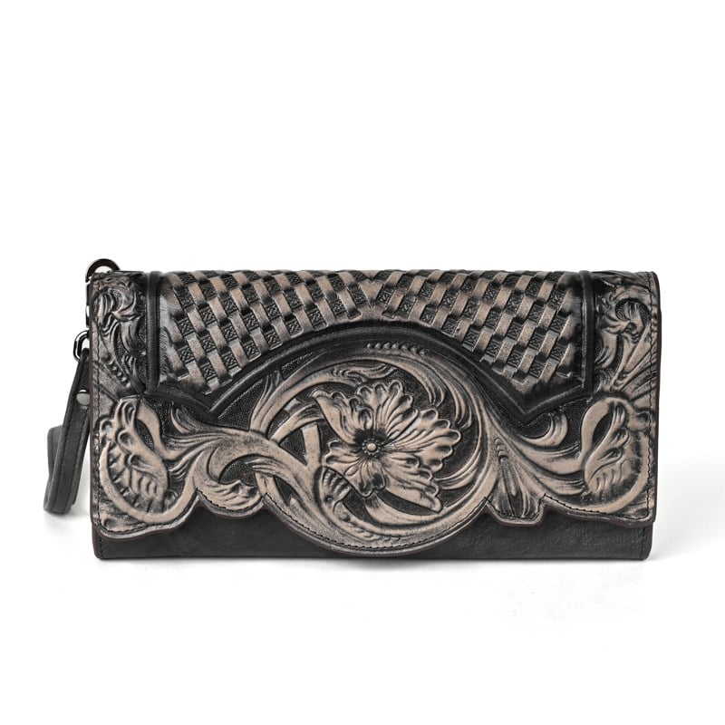 Genuine Leather Hand-Tooled Vintage Floral Wallet – Western Style Clutch & Wristlet