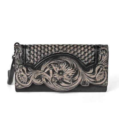 Genuine Leather Hand-Tooled Vintage Floral Wallet – Western Style Clutch & Wristlet