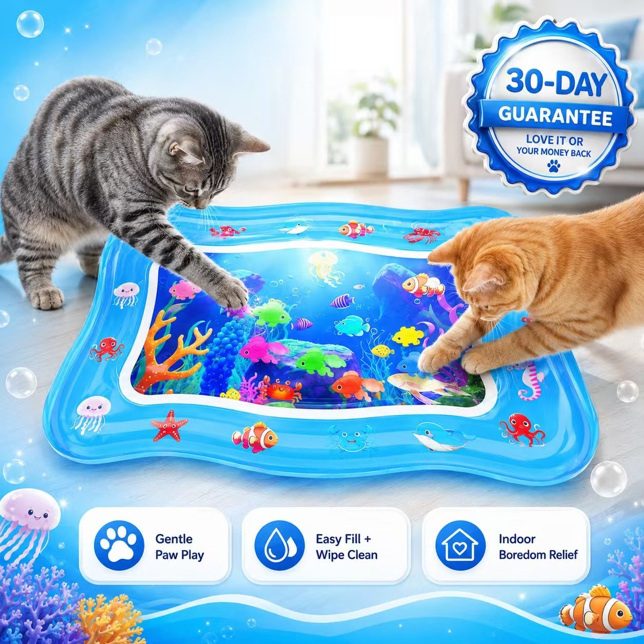 🎁HOT DEAL – Up to 49% OFF🔥 Cat Water Mat - Interactive Cat Toys Upgraded Thickened 0.7mm PVC Cooling & Heating Water Bed with Floating Fish