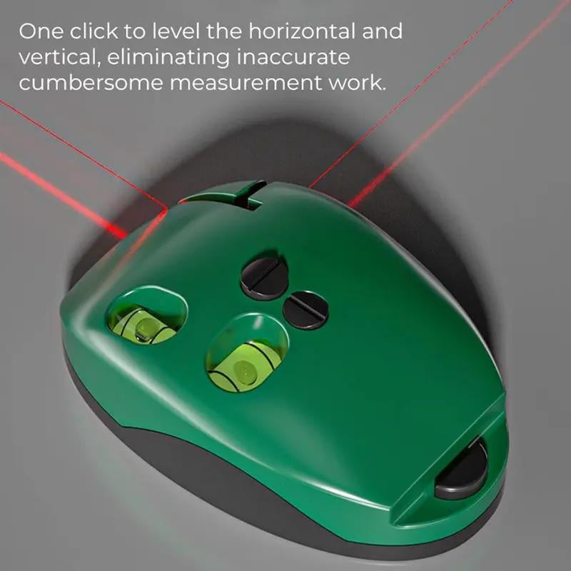 Green 90 degree laser bubble level projecting horizontal and vertical red reference lines