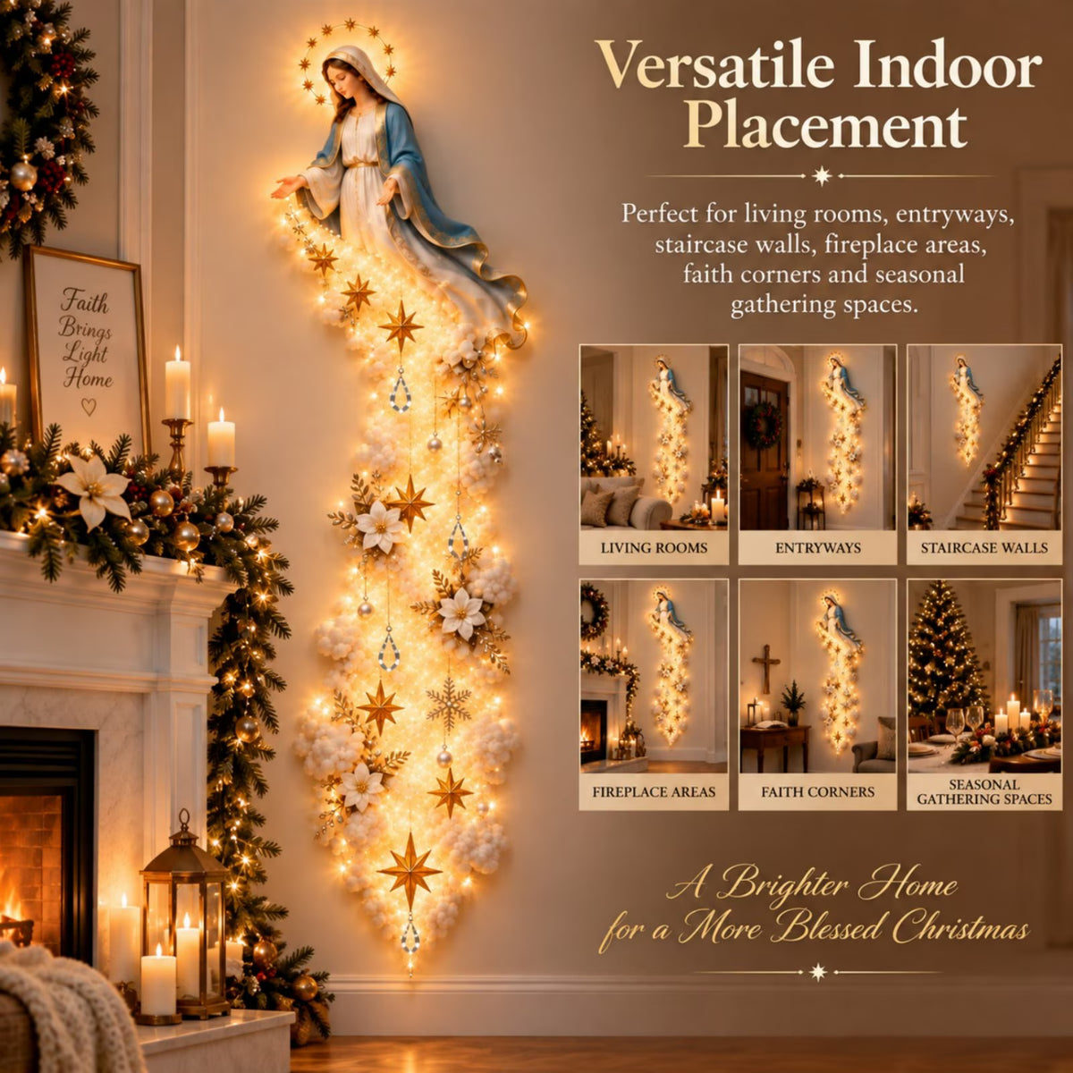 Blessed Mary Christmas wall decoration shown in living room entryway staircase fireplace and faith corner settings